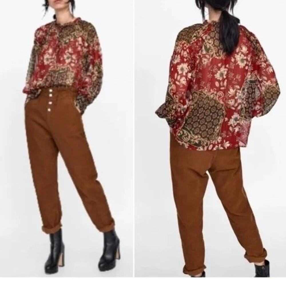 Zara Floral Sheer Long Sleeve Flowy Boho Blouse Smocked Ruffle Neck XL Red Green